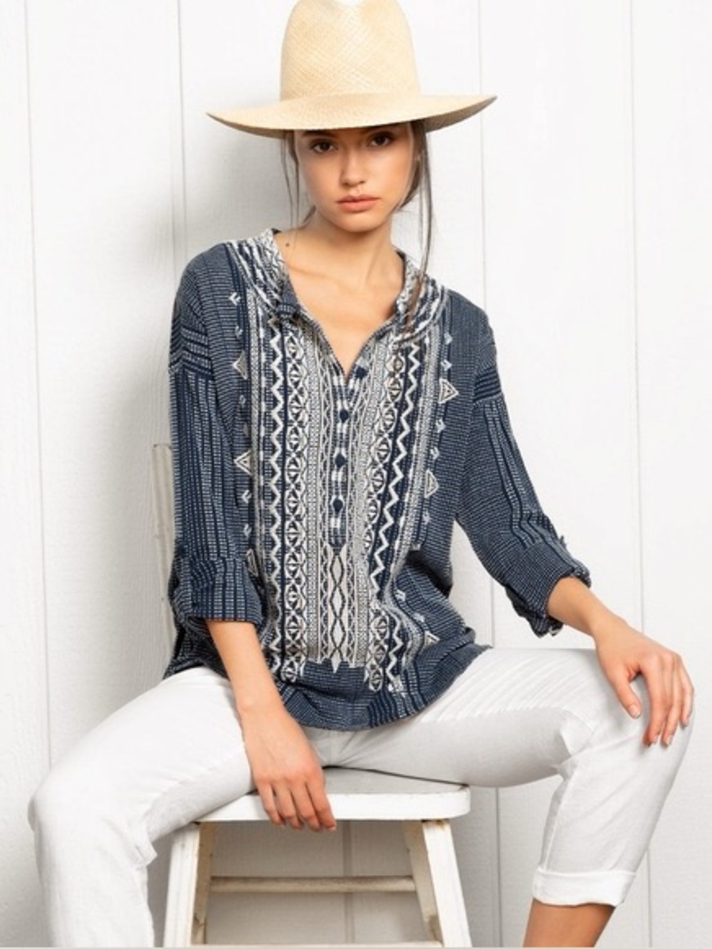 JOHNNY WAS Jemah Tunic Embroidered Blue Top Boho All-over Detailed Festival